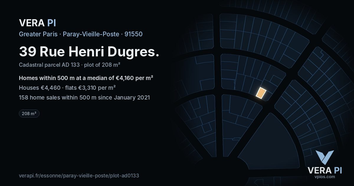 39 Rue Henri Dugres, Paray-Vieille-Poste at night – the plot lit, the parcels around coloured by the prices near them