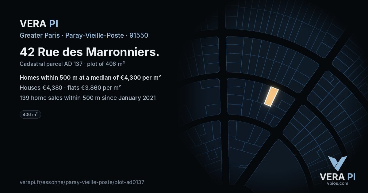 42 Rue des Marronniers, Paray-Vieille-Poste at night – the plot lit, the parcels around coloured by the prices near them