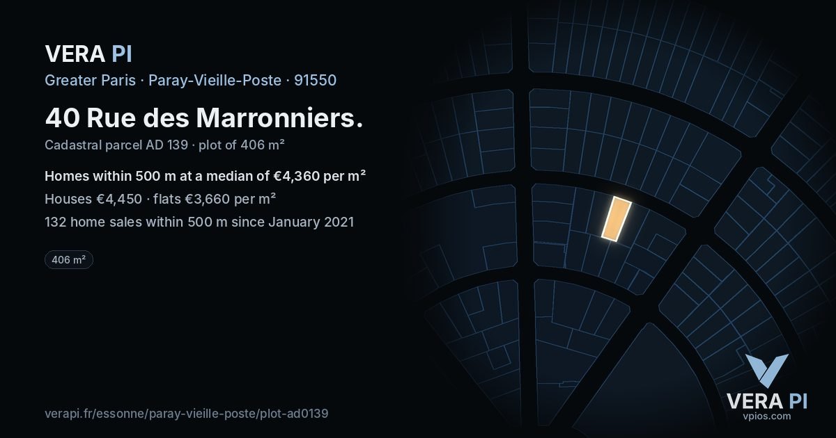 40 Rue des Marronniers, Paray-Vieille-Poste at night – the plot lit, the parcels around coloured by the prices near them
