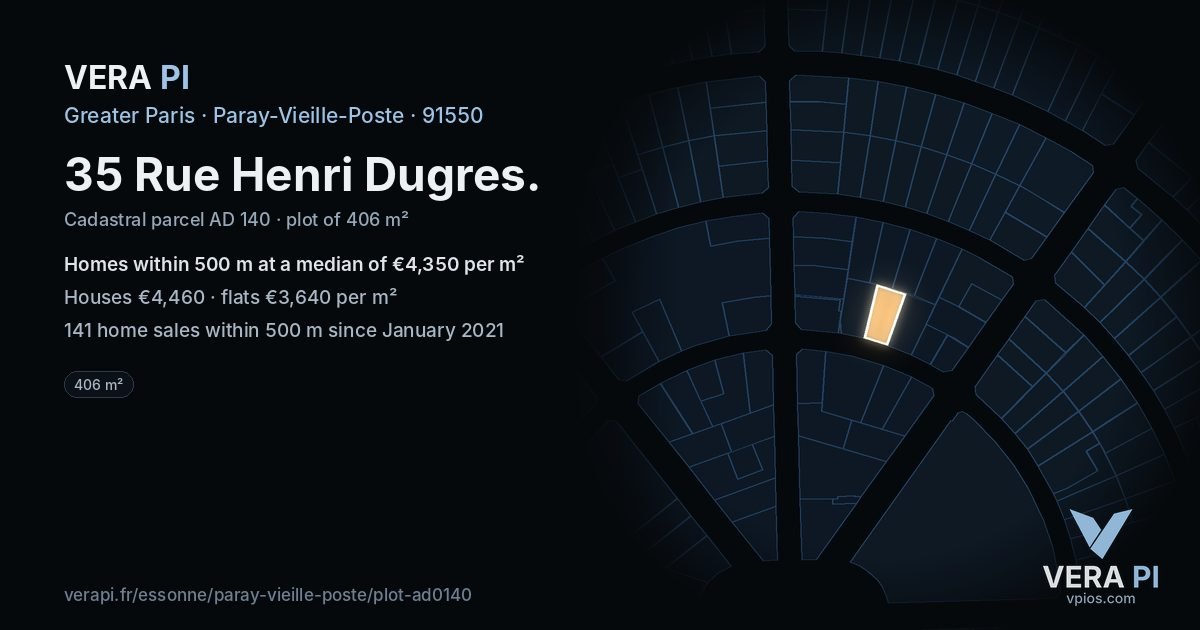 35 Rue Henri Dugres, Paray-Vieille-Poste at night – the plot lit, the parcels around coloured by the prices near them