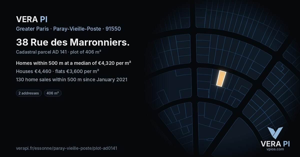 38 Rue des Marronniers, Paray-Vieille-Poste at night – the plot lit, the parcels around coloured by the prices near them