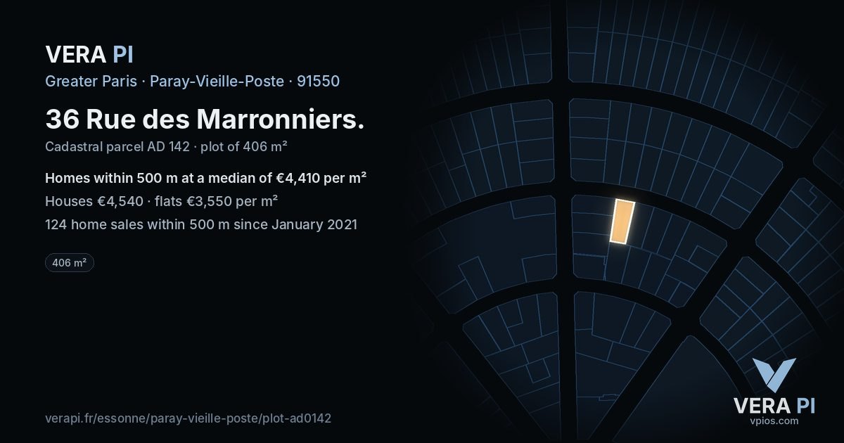 36 Rue des Marronniers, Paray-Vieille-Poste at night – the plot lit, the parcels around coloured by the prices near them