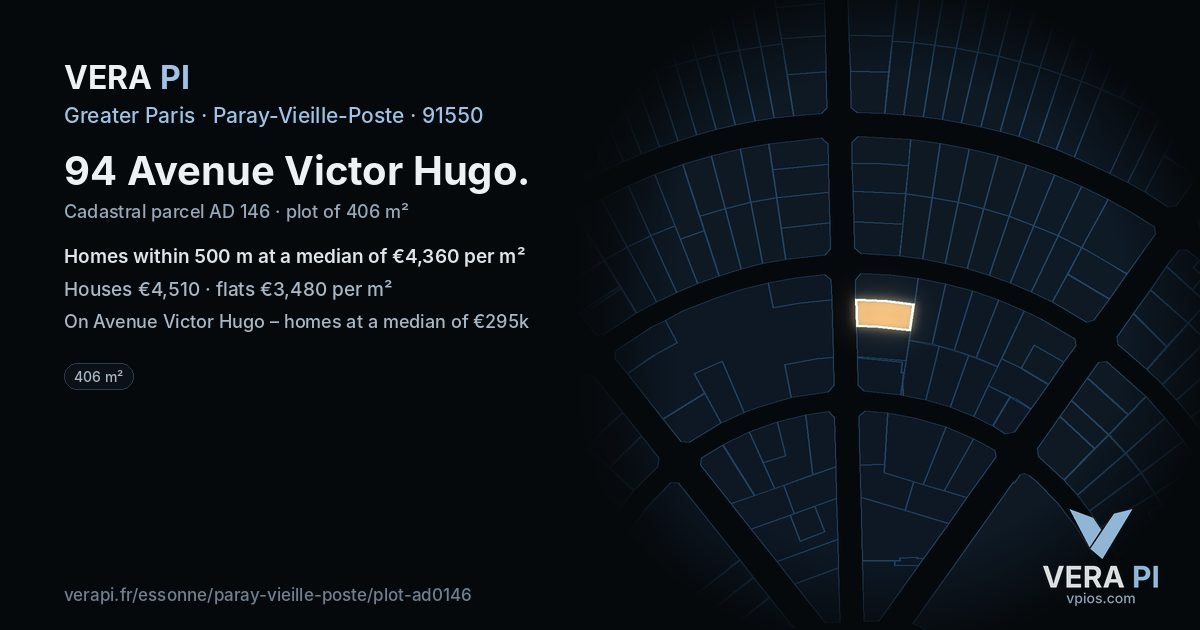 94 Avenue Victor Hugo, Paray-Vieille-Poste at night – the plot lit, the parcels around coloured by the prices near them