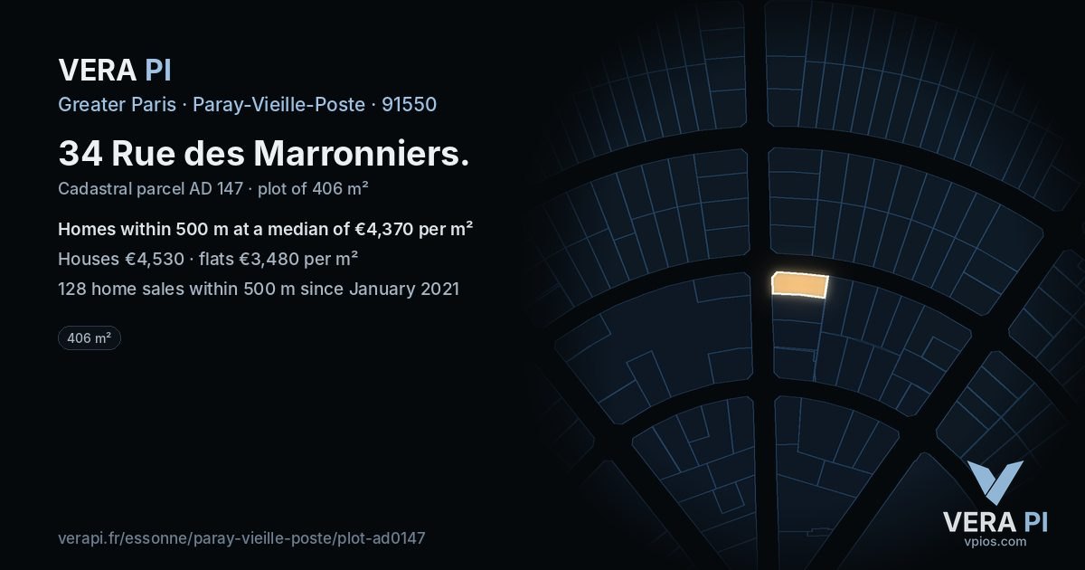 34 Rue des Marronniers, Paray-Vieille-Poste at night – the plot lit, the parcels around coloured by the prices near them