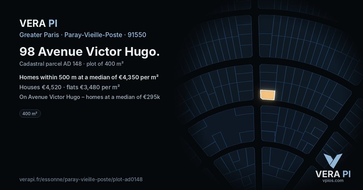 98 Avenue Victor Hugo, Paray-Vieille-Poste at night – the plot lit, the parcels around coloured by the prices near them