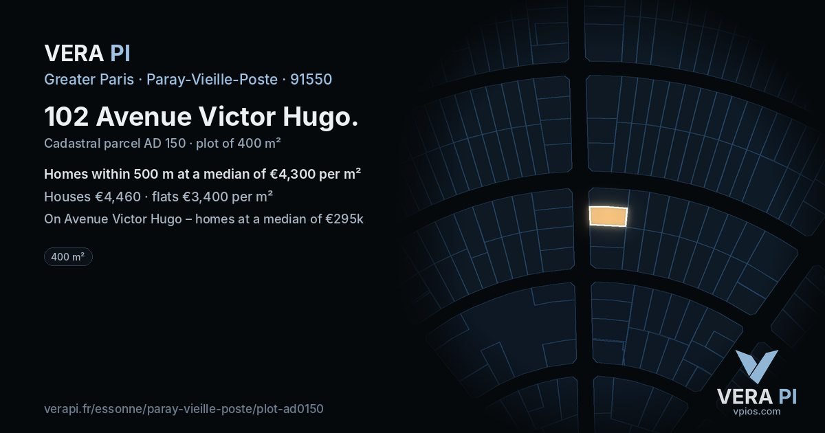 102 Avenue Victor Hugo, Paray-Vieille-Poste at night – the plot lit, the parcels around coloured by the prices near them