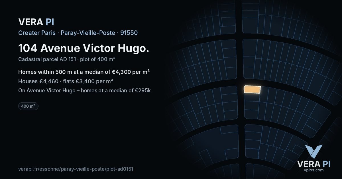 104 Avenue Victor Hugo, Paray-Vieille-Poste at night – the plot lit, the parcels around coloured by the prices near them