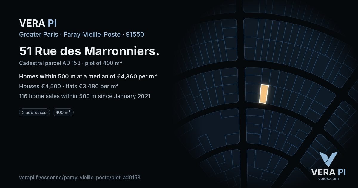 51 Rue des Marronniers, Paray-Vieille-Poste at night – the plot lit, the parcels around coloured by the prices near them
