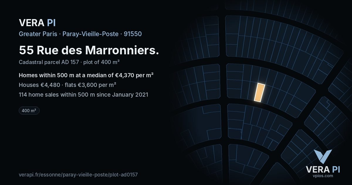 55 Rue des Marronniers, Paray-Vieille-Poste at night – the plot lit, the parcels around coloured by the prices near them