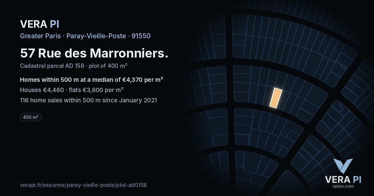 57 Rue des Marronniers, Paray-Vieille-Poste at night – the plot lit, the parcels around coloured by the prices near them