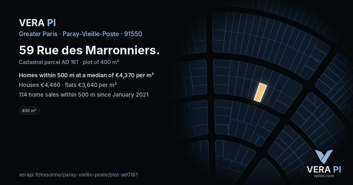 59 Rue des Marronniers, Paray-Vieille-Poste at night – the plot lit, the parcels around coloured by the prices near them