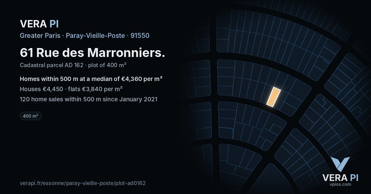 61 Rue des Marronniers, Paray-Vieille-Poste at night – the plot lit, the parcels around coloured by the prices near them