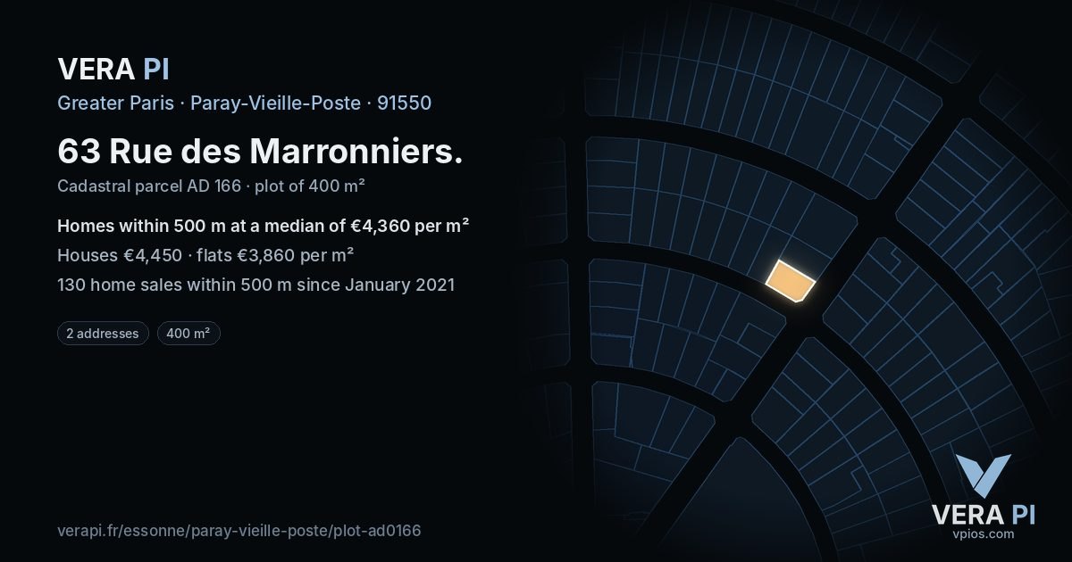 63 Rue des Marronniers, Paray-Vieille-Poste at night – the plot lit, the parcels around coloured by the prices near them