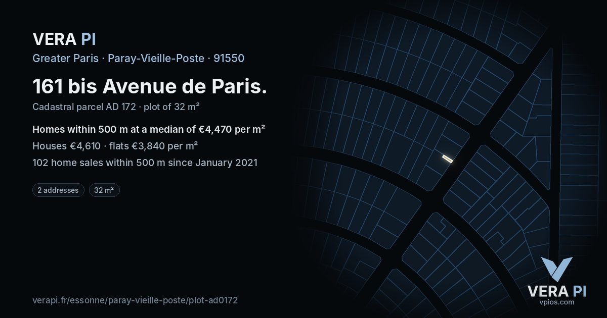 161 bis Avenue de Paris, Paray-Vieille-Poste at night – the plot lit, the parcels around coloured by the prices near them