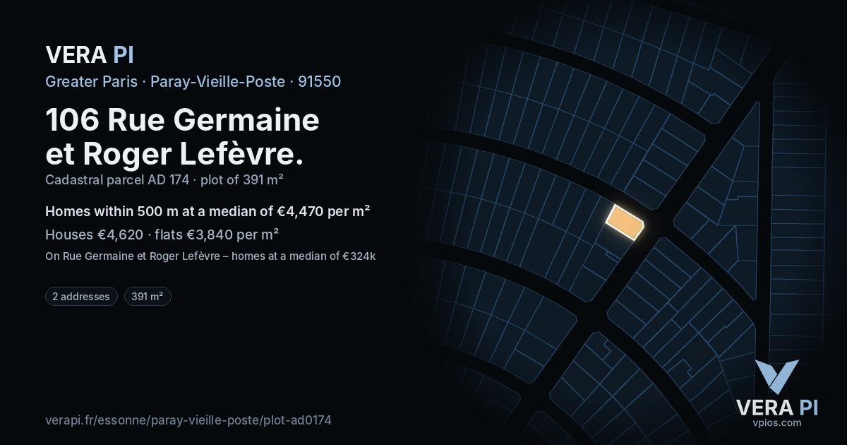 106 Rue Germaine et Roger Lefèvre, Paray-Vieille-Poste at night – the plot lit, the parcels around coloured by the prices near them