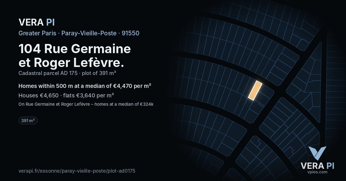 104 Rue Germaine et Roger Lefèvre, Paray-Vieille-Poste at night – the plot lit, the parcels around coloured by the prices near them
