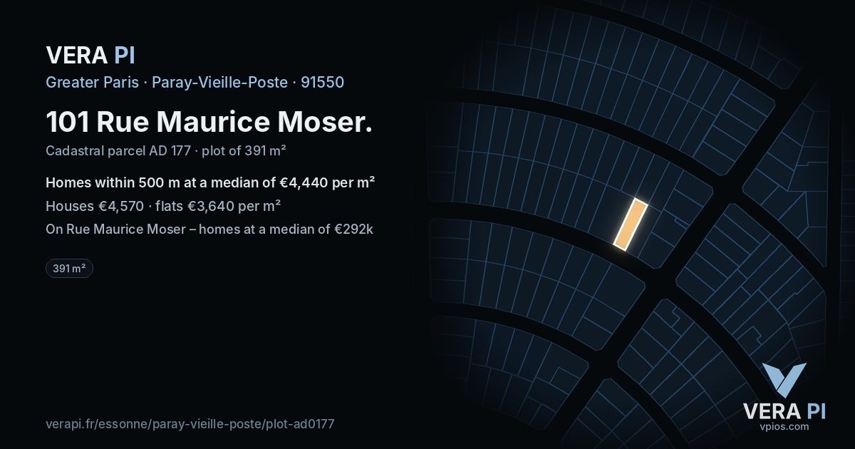 101 Rue Maurice Moser, Paray-Vieille-Poste at night – the plot lit, the parcels around coloured by the prices near them