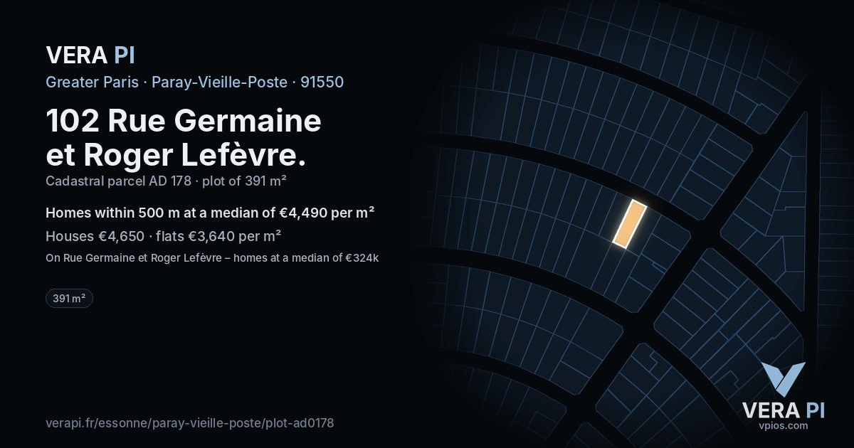 102 Rue Germaine et Roger Lefèvre, Paray-Vieille-Poste at night – the plot lit, the parcels around coloured by the prices near them