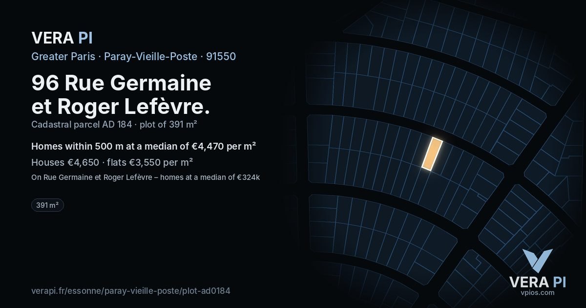 96 Rue Germaine et Roger Lefèvre, Paray-Vieille-Poste at night – the plot lit, the parcels around coloured by the prices near them