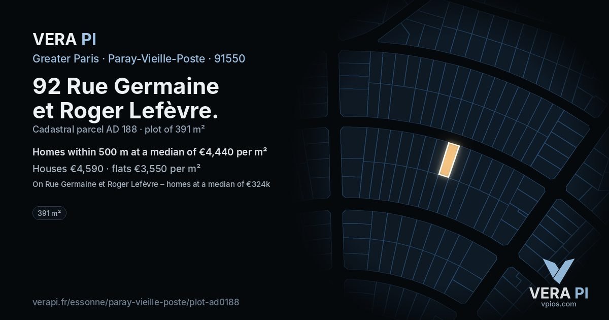 92 Rue Germaine et Roger Lefèvre, Paray-Vieille-Poste at night – the plot lit, the parcels around coloured by the prices near them