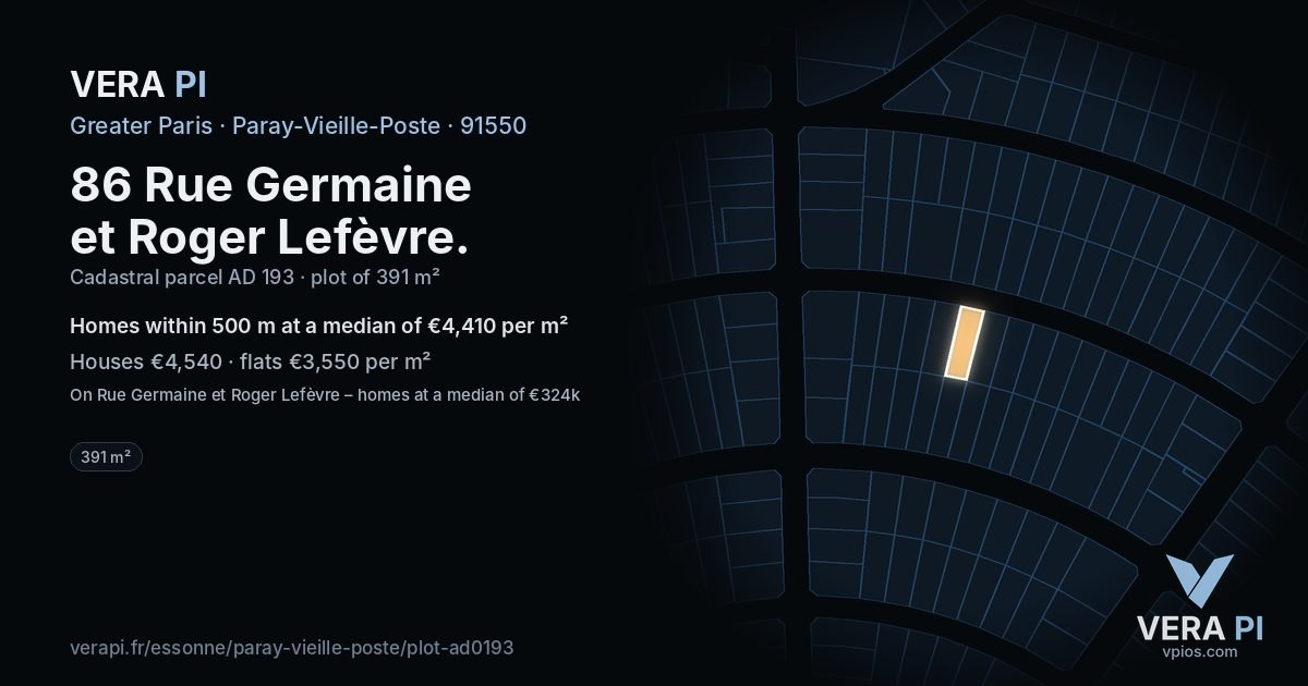 86 Rue Germaine et Roger Lefèvre, Paray-Vieille-Poste at night – the plot lit, the parcels around coloured by the prices near them