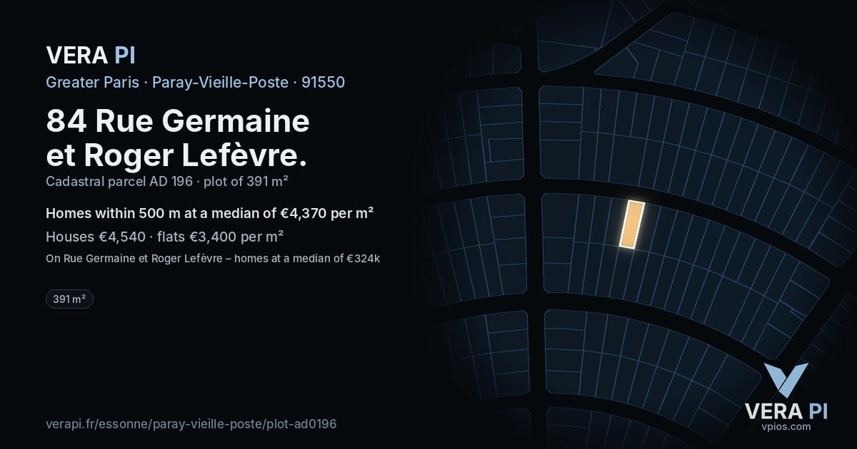 84 Rue Germaine et Roger Lefèvre, Paray-Vieille-Poste at night – the plot lit, the parcels around coloured by the prices near them