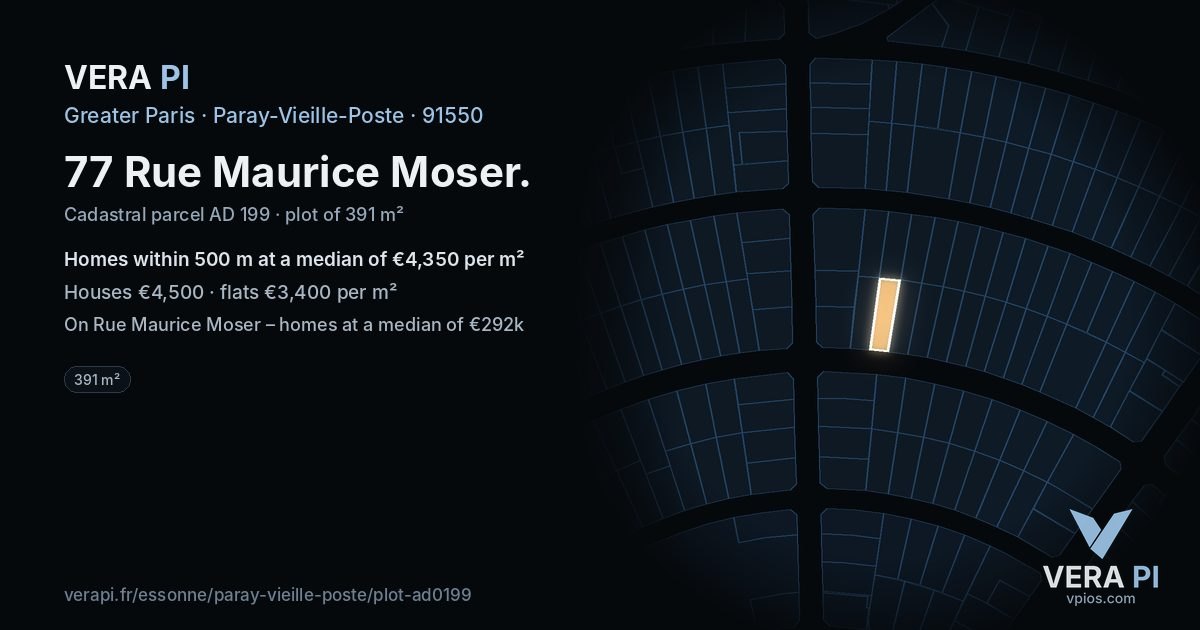 77 Rue Maurice Moser, Paray-Vieille-Poste at night – the plot lit, the parcels around coloured by the prices near them
