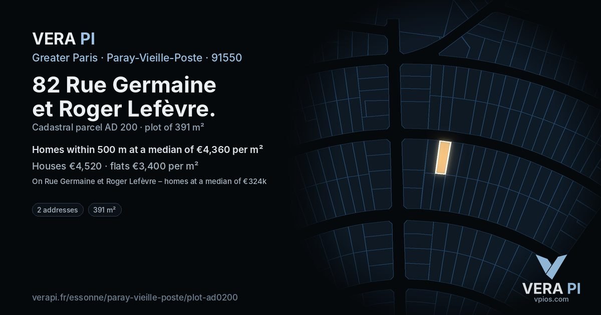 82 Rue Germaine et Roger Lefèvre, Paray-Vieille-Poste at night – the plot lit, the parcels around coloured by the prices near them