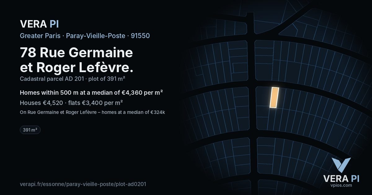 78 Rue Germaine et Roger Lefèvre, Paray-Vieille-Poste at night – the plot lit, the parcels around coloured by the prices near them