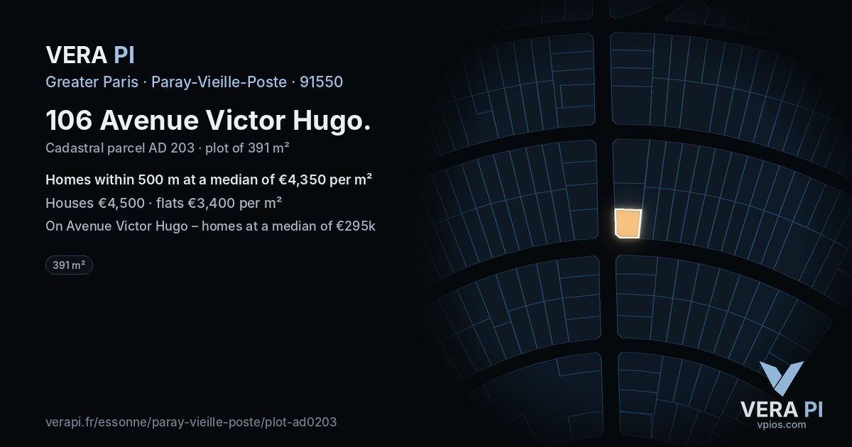 106 Avenue Victor Hugo, Paray-Vieille-Poste at night – the plot lit, the parcels around coloured by the prices near them