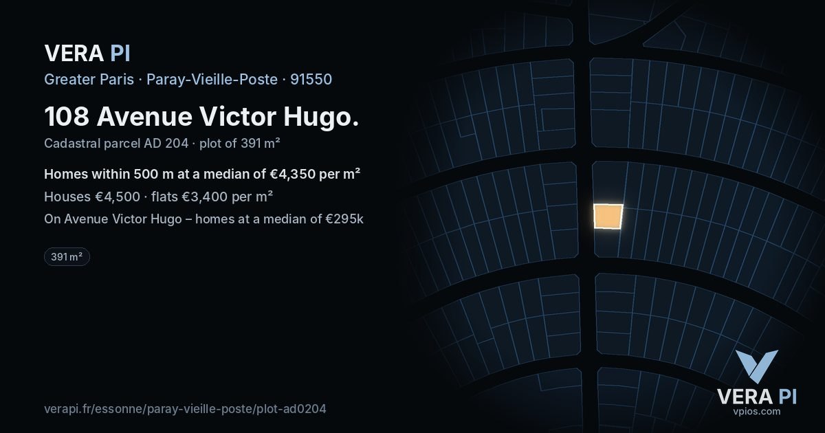 108 Avenue Victor Hugo, Paray-Vieille-Poste at night – the plot lit, the parcels around coloured by the prices near them