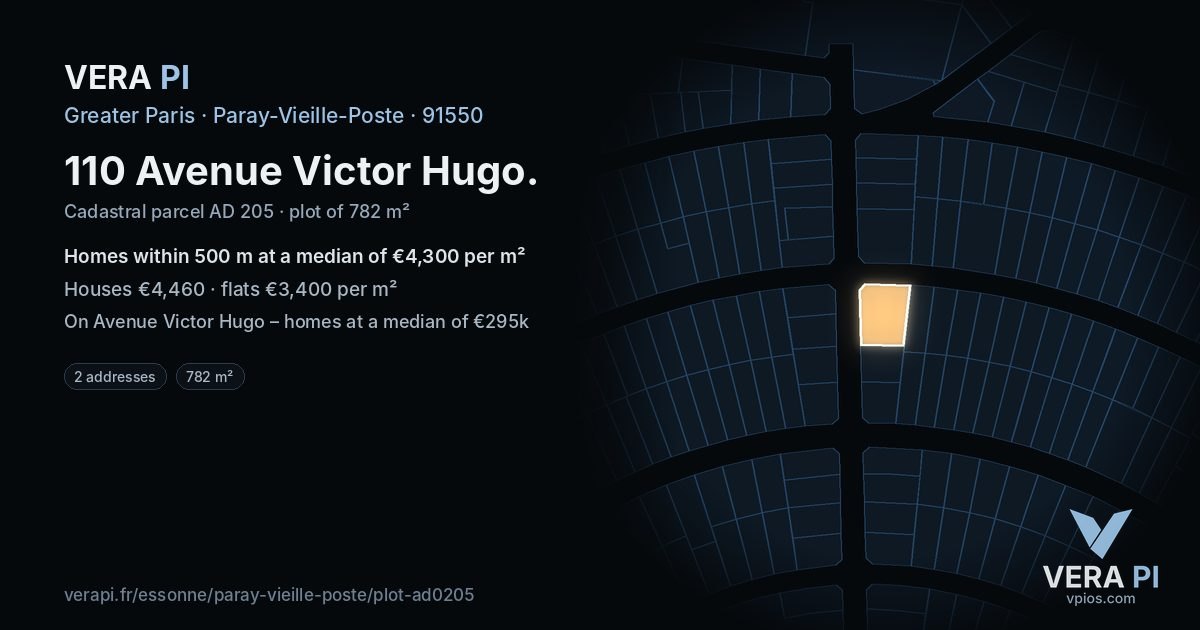 110 Avenue Victor Hugo, Paray-Vieille-Poste at night – the plot lit, the parcels around coloured by the prices near them