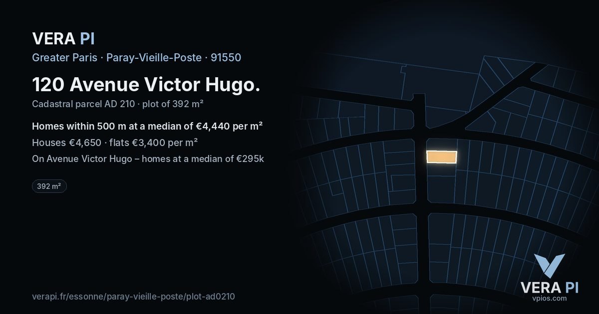 120 Avenue Victor Hugo, Paray-Vieille-Poste at night – the plot lit, the parcels around coloured by the prices near them
