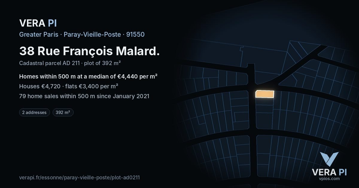 38 Rue François Malard, Paray-Vieille-Poste at night – the plot lit, the parcels around coloured by the prices near them