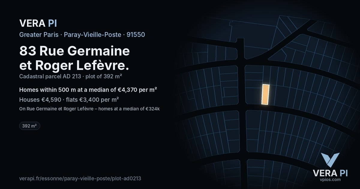 83 Rue Germaine et Roger Lefèvre, Paray-Vieille-Poste at night – the plot lit, the parcels around coloured by the prices near them