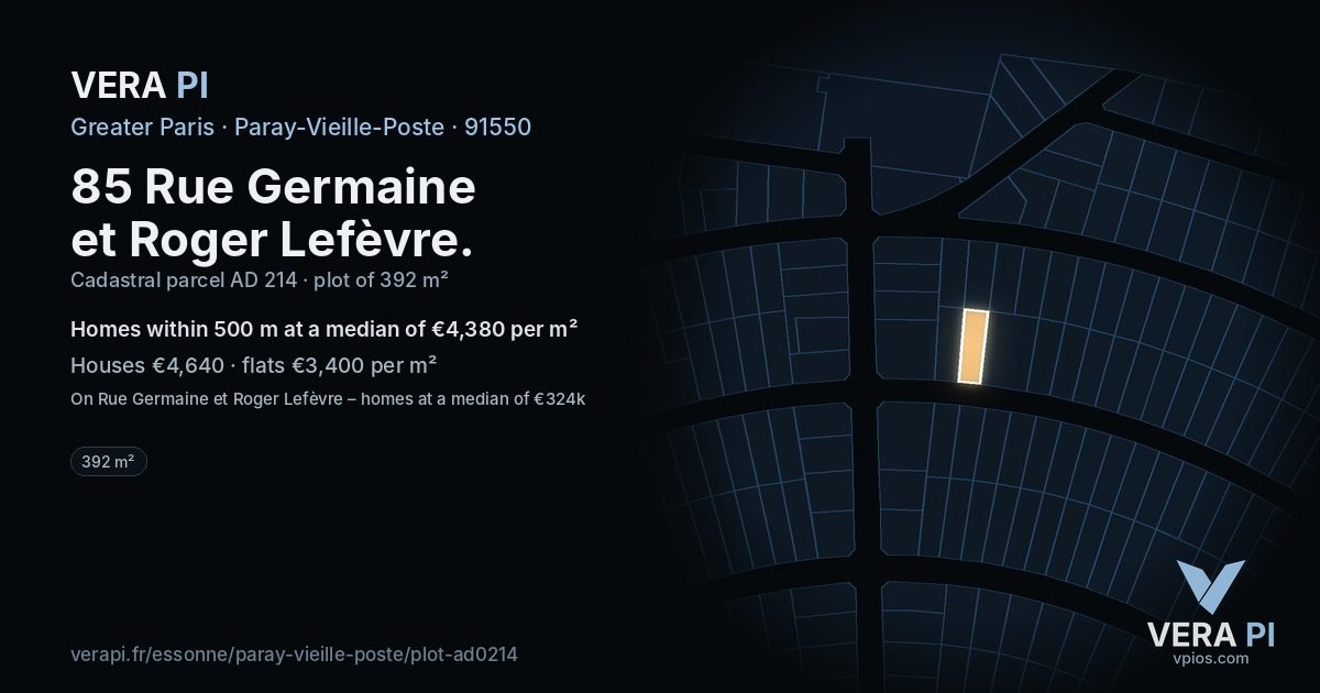 85 Rue Germaine et Roger Lefèvre, Paray-Vieille-Poste at night – the plot lit, the parcels around coloured by the prices near them