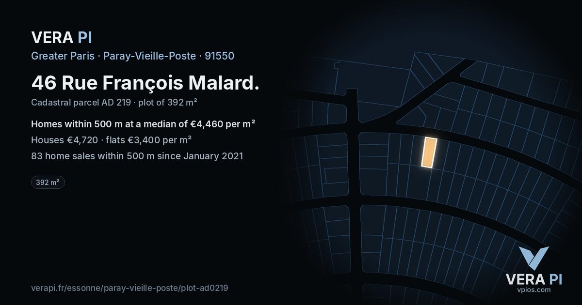 46 Rue François Malard, Paray-Vieille-Poste at night – the plot lit, the parcels around coloured by the prices near them