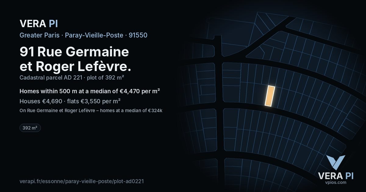 91 Rue Germaine et Roger Lefèvre, Paray-Vieille-Poste at night – the plot lit, the parcels around coloured by the prices near them