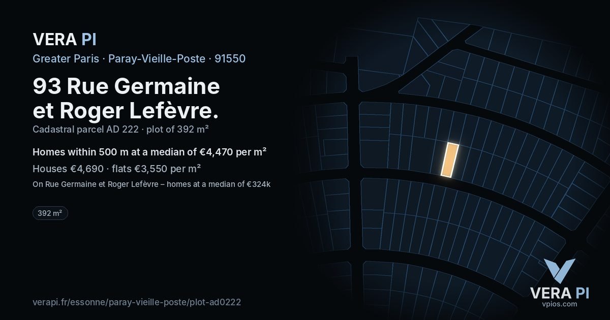 93 Rue Germaine et Roger Lefèvre, Paray-Vieille-Poste at night – the plot lit, the parcels around coloured by the prices near them
