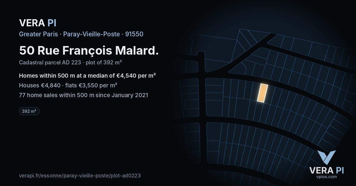 50 Rue François Malard, Paray-Vieille-Poste at night – the plot lit, the parcels around coloured by the prices near them