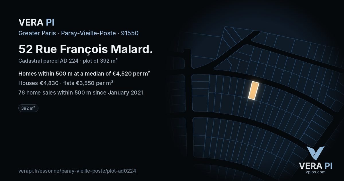 52 Rue François Malard, Paray-Vieille-Poste at night – the plot lit, the parcels around coloured by the prices near them
