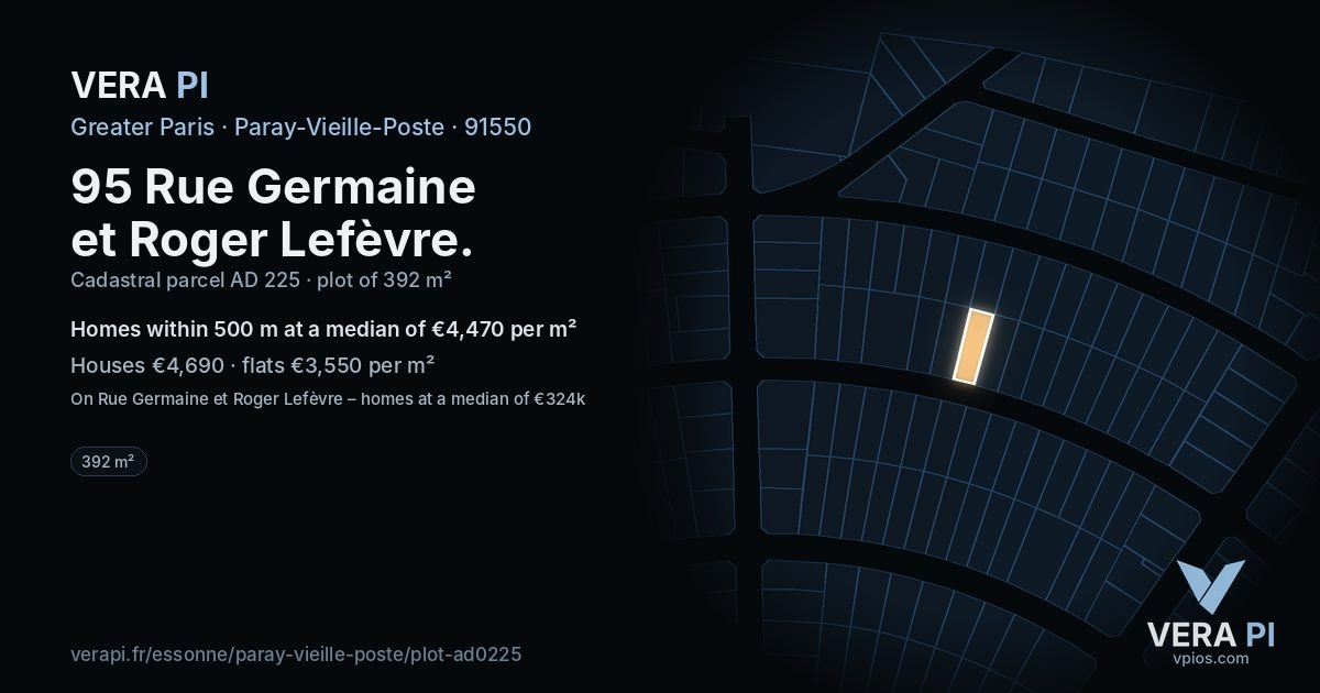 95 Rue Germaine et Roger Lefèvre, Paray-Vieille-Poste at night – the plot lit, the parcels around coloured by the prices near them