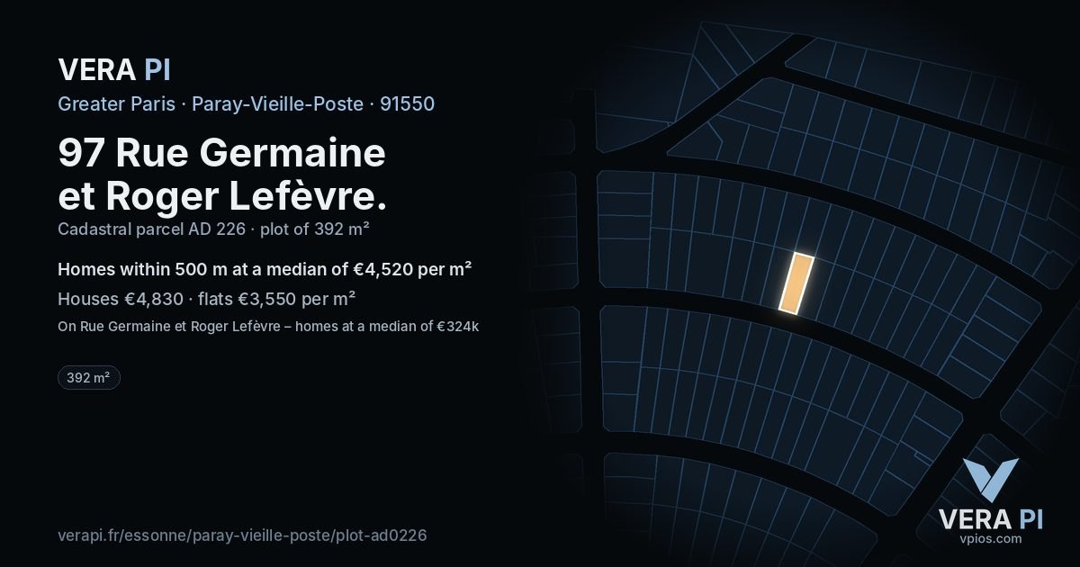 97 Rue Germaine et Roger Lefèvre, Paray-Vieille-Poste at night – the plot lit, the parcels around coloured by the prices near them