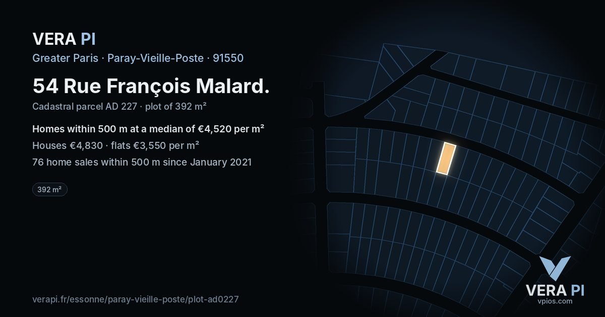 54 Rue François Malard, Paray-Vieille-Poste at night – the plot lit, the parcels around coloured by the prices near them