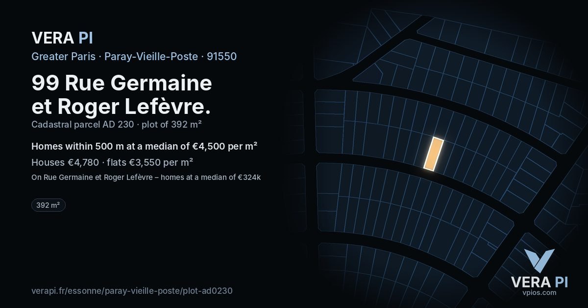 99 Rue Germaine et Roger Lefèvre, Paray-Vieille-Poste at night – the plot lit, the parcels around coloured by the prices near them