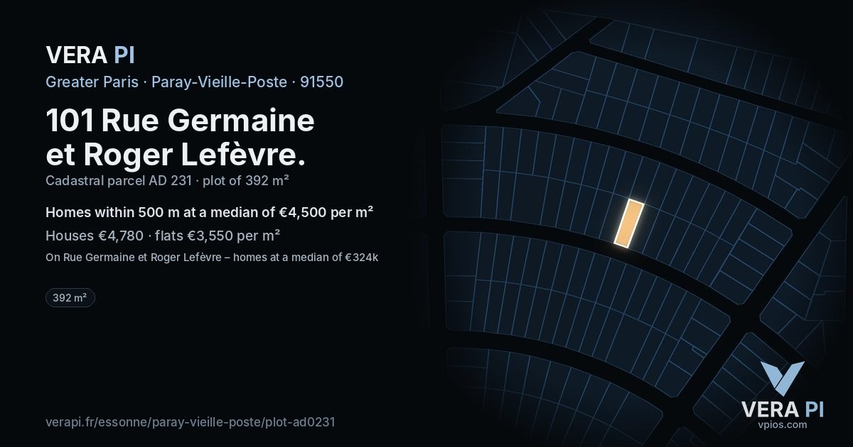 101 Rue Germaine et Roger Lefèvre, Paray-Vieille-Poste at night – the plot lit, the parcels around coloured by the prices near them