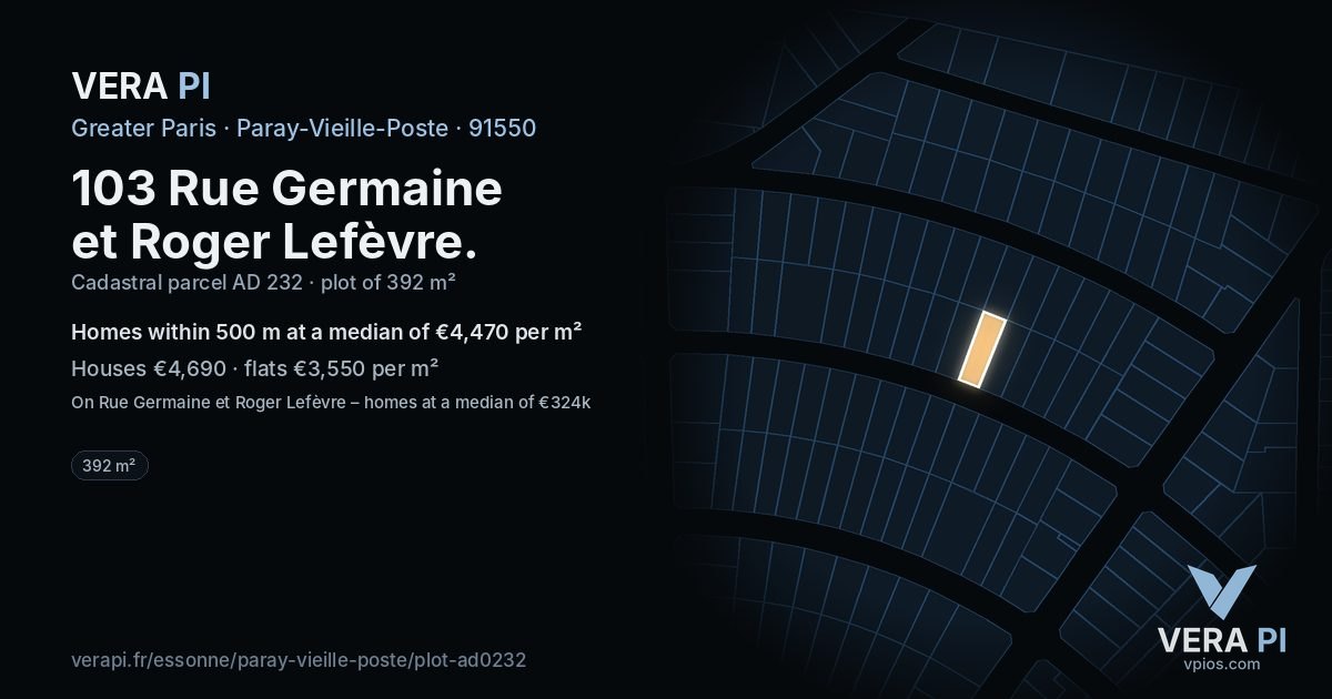 103 Rue Germaine et Roger Lefèvre, Paray-Vieille-Poste at night – the plot lit, the parcels around coloured by the prices near them