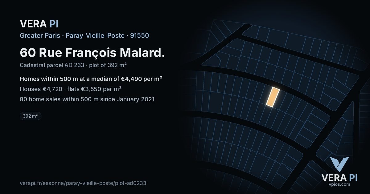 60 Rue François Malard, Paray-Vieille-Poste at night – the plot lit, the parcels around coloured by the prices near them
