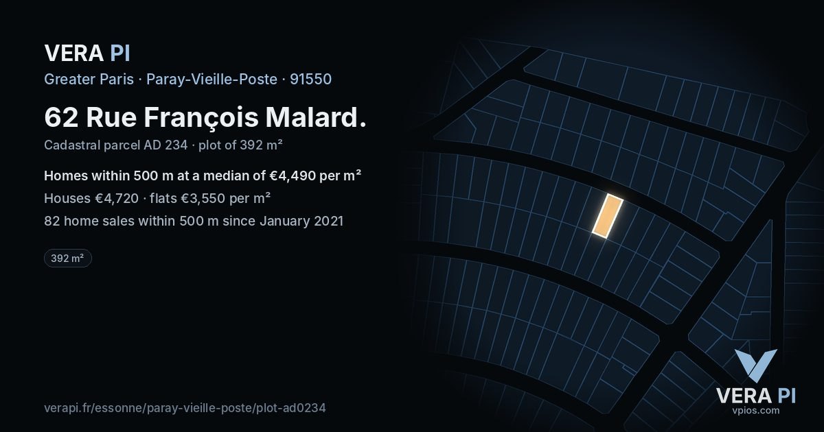 62 Rue François Malard, Paray-Vieille-Poste at night – the plot lit, the parcels around coloured by the prices near them