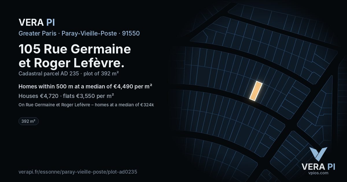 105 Rue Germaine et Roger Lefèvre, Paray-Vieille-Poste at night – the plot lit, the parcels around coloured by the prices near them